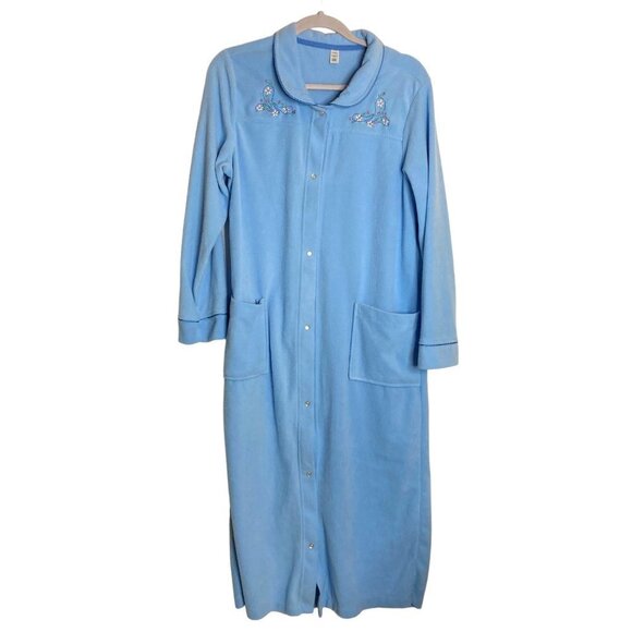 Vintage Blue Lightweight Fleece Long Robe Sz M Embroidered Pockets Snap Unworn - Picture 9 of 9
